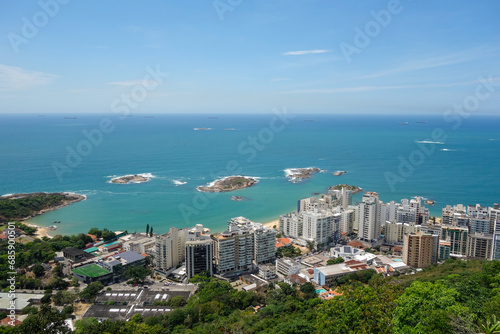 aerial view of Vila Velha cityscape and beachfront buildings, in Espirito Santo state, Brazil
