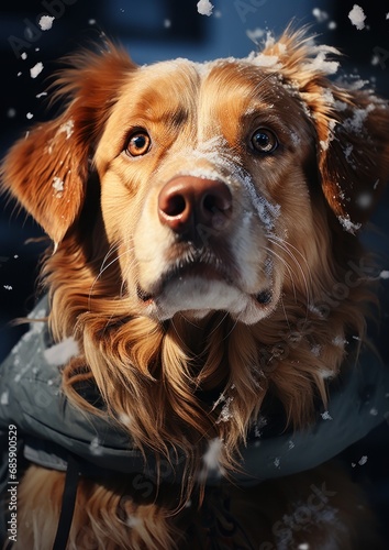 Hands with red gloves hugging golden retriever dog face in winter time with snow outdoors. Cute pet doggy portrait with human © Ibad