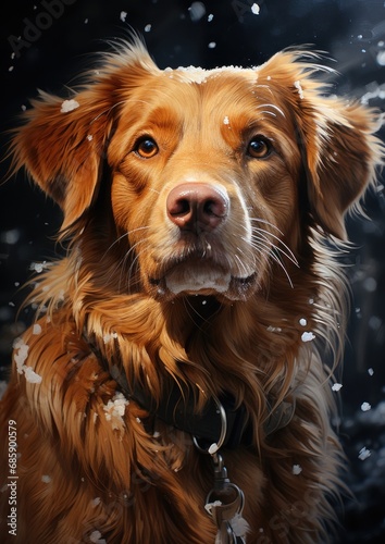 Golden Retriever puppy laying in the snow with snow on her nose © Ibad