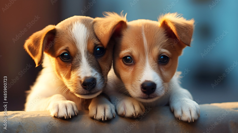 Two puppies resting on a log looking at the camera