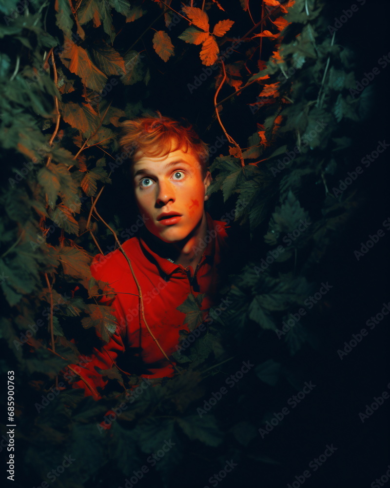 A scared man peeking out from behind a bush