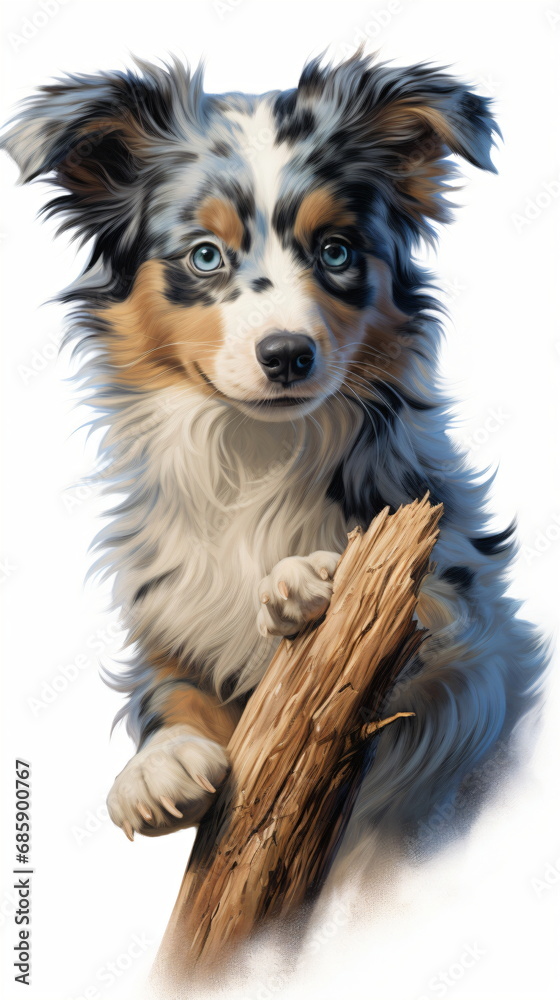 A Australian Shepherd puppy resting on a branch isolated on a white background