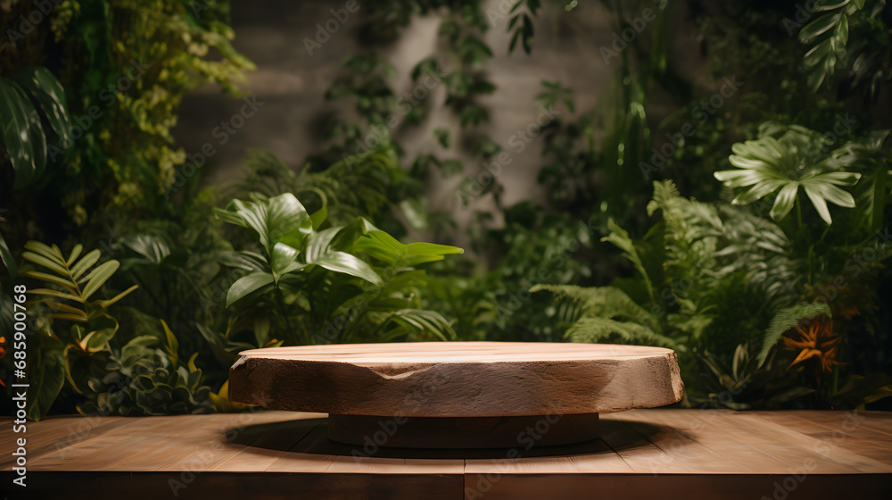 Wooden round podium with nature-inspired greenery background for display