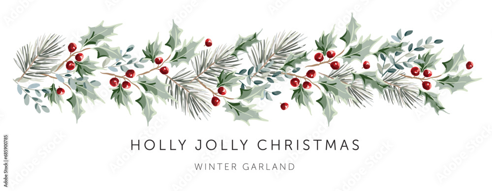 Christmas garland, text, white background. Green holly, pine twigs, red berries. Winter nature design. Vector illustration. Greeting banner template. Xmas forest - obrazy, fototapety, plakaty 