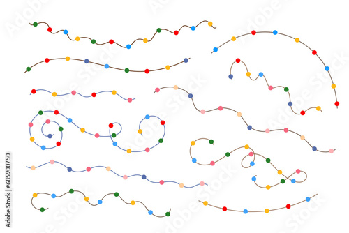 Christmas colorful multicolored lights curly string garlands set simple doodle hand drawn vector illustration, flat style cartoon image for winter New Year holiday, birthday events design
