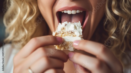 woman eating a cake with cream extremely closeup photo