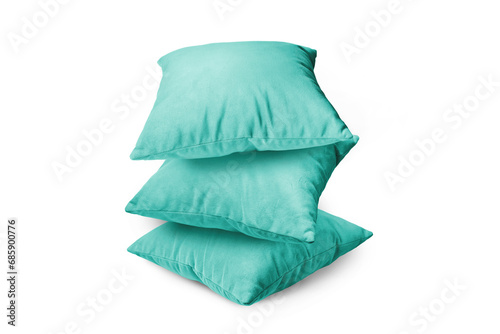 Stack of turquoise pillows isolated on white, transparent background, PNG. Pile of decorative cushions for sleeping and resting, home interior, house decor.