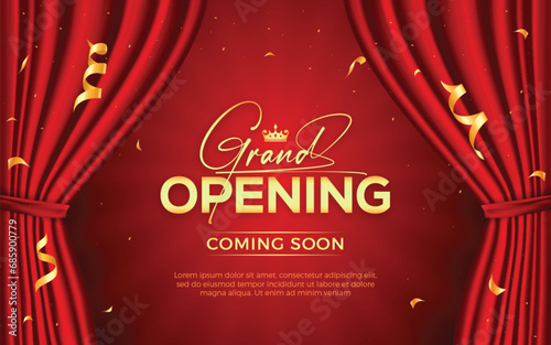 Realistic grand opening invitation banner with red curtains, golden elements and 3d editable text effect
