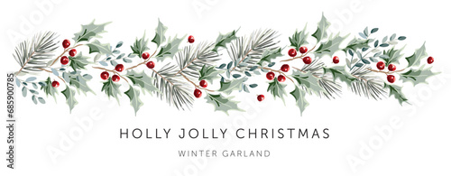 Christmas garland, text, white background. Green holly, pine twigs, red berries. Winter nature design. Vector illustration. Greeting banner template. Xmas forest