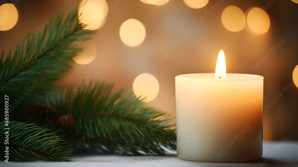 Burning festive candle with fir branches on the table against the backdrop of bokeh lights and sparks close-up photo. Merry Christmas, New Year cozy concept. Banner with copy space for party.