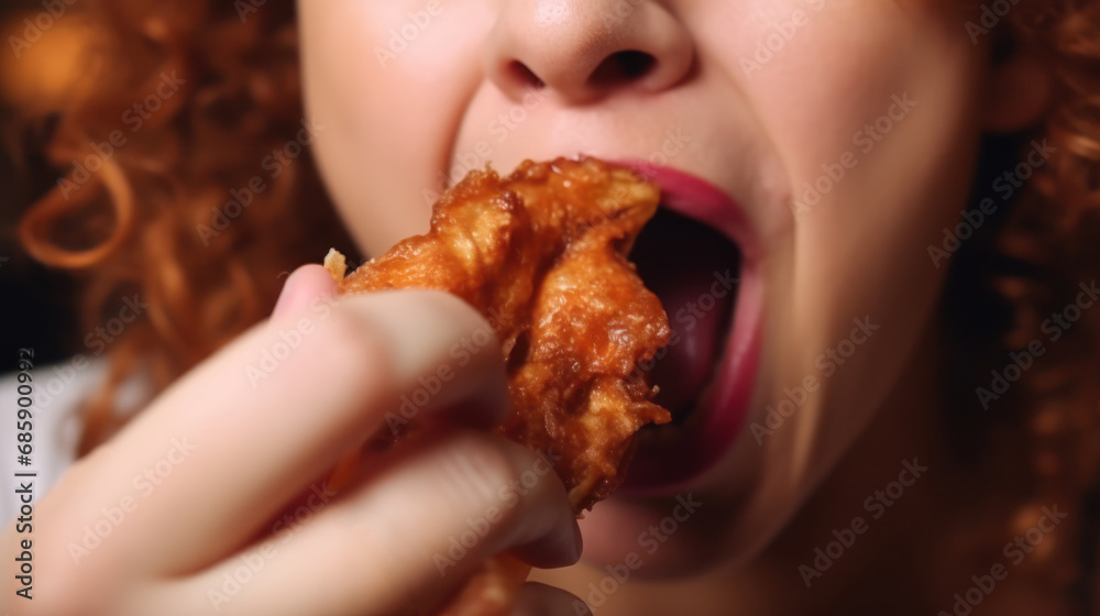 Woman eating a takeaway fried chicken wing from fast food cafe with a mouth and teeth close up Woman eating a takeaway fried chicken wing from fast food cafe with a mouth and teeth close up