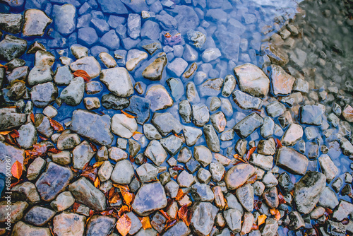 hewn stones in clear water and fallen autumn leaves