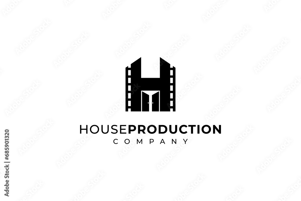 Film strip vector illustration logo design with letter h in house shape. film house production logo