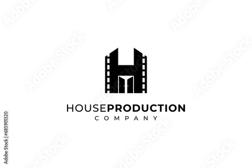 Film strip vector illustration logo design with letter h in house shape. film house production logo