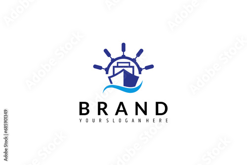 sailing ship logo design and sea waves with ship rudder