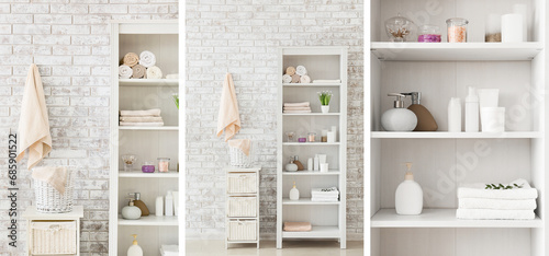 Collage of shelving units with towels and cosmetics near brick wall in bathroom photo