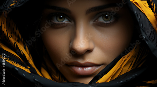 Close-up of a woman's face, intricate carbon fiber texture overlay, black and yellow color scheme, high detail © Alex