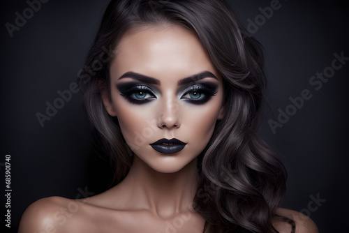 portrait featuring a woman with mesmerizing smokey eye makeup. AI generated.