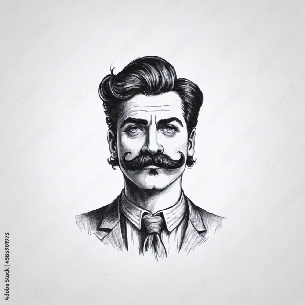 Hand drawn portrait of a man with hair style and big moustache