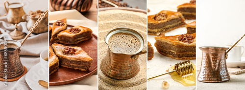Collage of tasty Turkish baklava and coffee on table photo