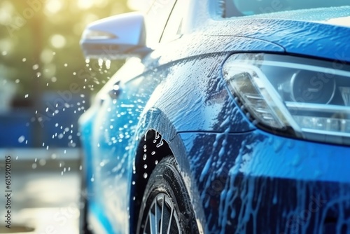 Vehicle condition being washed  blue car  car wash concept