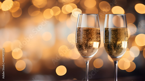 Close-up photo of pair wine or champagne glasses against the backdrop of bokeh lights and sparks. St. Valentine's day, Merry Christmas, happy New Year cozy concept. Banner with copy space.