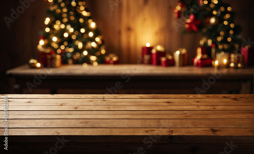 An empty wooden table waiting to be filled and in the background decorations that evoke the warmth and joy of Christmas.