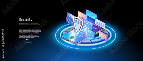 A vector image illustrating the concept of cyber security. It features a smartphone with a shield, credit cards, and a laptop, symbolizing protection of personal data and financial information.