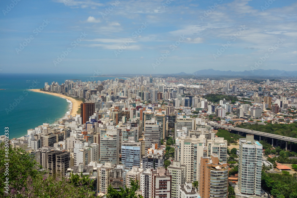 aerial view of Vila Velha cityscape and beachfront buildings, in Espirito Santo state, Brazil