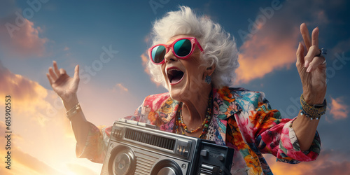 cool crazy granny lady singing funky music, holding tape recorder, wear colorful jacket sunglasses specs necklace. retro style. on sky background. happy grandmother. forever young. Generative ai.