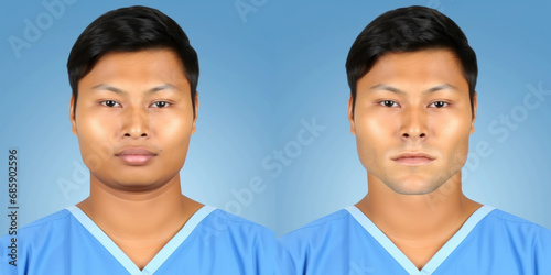 Before and after results of Asian male with jawline surgery, chin implant and buccal fat removal for plastic surgery promo. photo