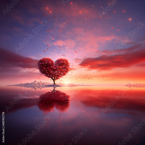 Landscape at sunrise with a heart-shaped tree.