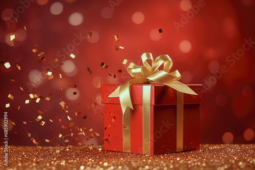 caja regalo de color rojo con lazo dorado entre confeti y fondo rojo con bokeh © Helena GARCIA