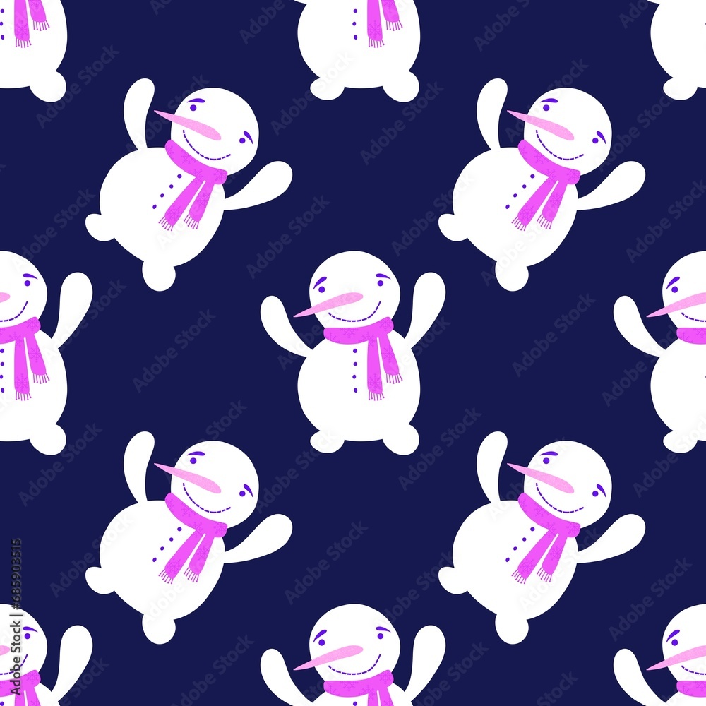 Cartoon winter ice seamless snowman and snowflakes pattern for Christmas tree and packaging and new year