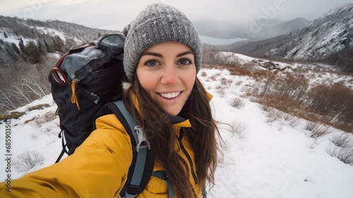 Traveler influencer taking selfie during travel in winter season backpack on alps mountain comeliness