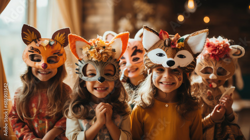 cheerful children in animal costumes at a masquerade, masks, boys, girls, kids, child, holiday, kindergarten, friends, carnival, party, emotional faces, people, portrait, childhood, festival outfit photo