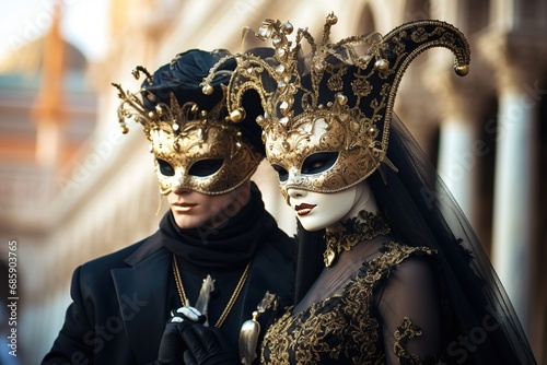 Elegant people in masquerade carnival mask at Venice Carnival. Beautiful women and men wearing venetian mask photo
