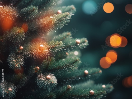 AI Generated macro close up of Christmas tree branch with decorations.