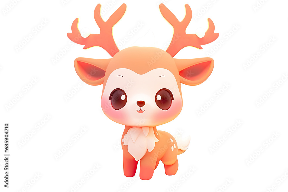 3d cute Christmas reindeer figurine. Illustration of Christmas deer with red muffler on an empty background
