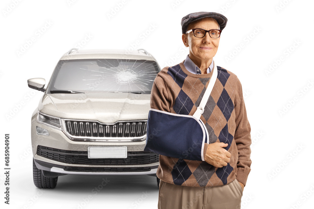 Elderly man with a broken arm wearing a splint in front of a SUV with a broken windscreen Elderly man with a broken arm wearing a splint in front of a SUV with a broken windscreen