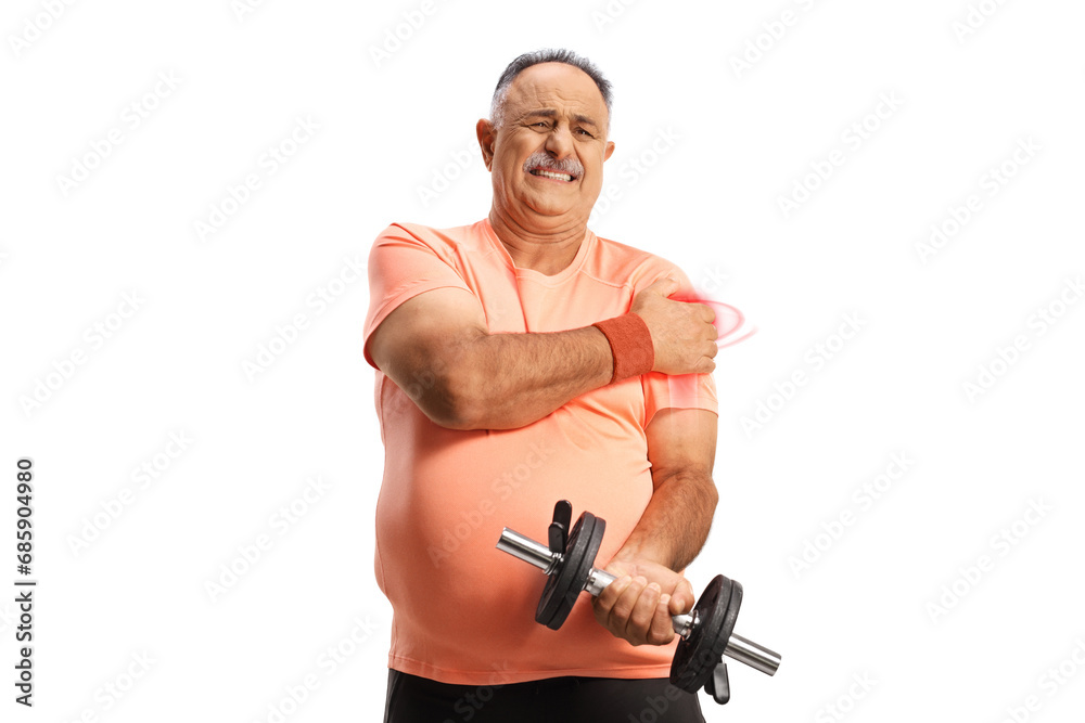 Mature man with pain in shoulder holding a dumbbell Mature man with pain in shoulder holding a dumbbell