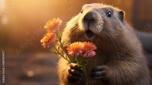 Symbol of Groundhog Day. Anthropomorphic animal portrait smelling flowers in spring.