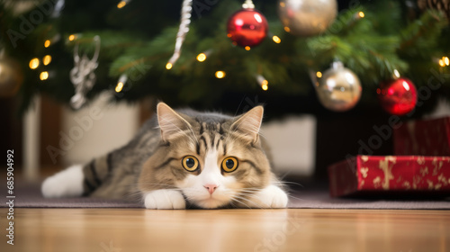 A tabby cat with wide eyes lies on the floor under a decorated Christmas tree at home