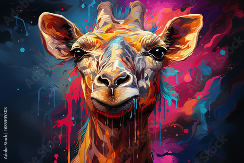 giraffe portrait in neon painting style 