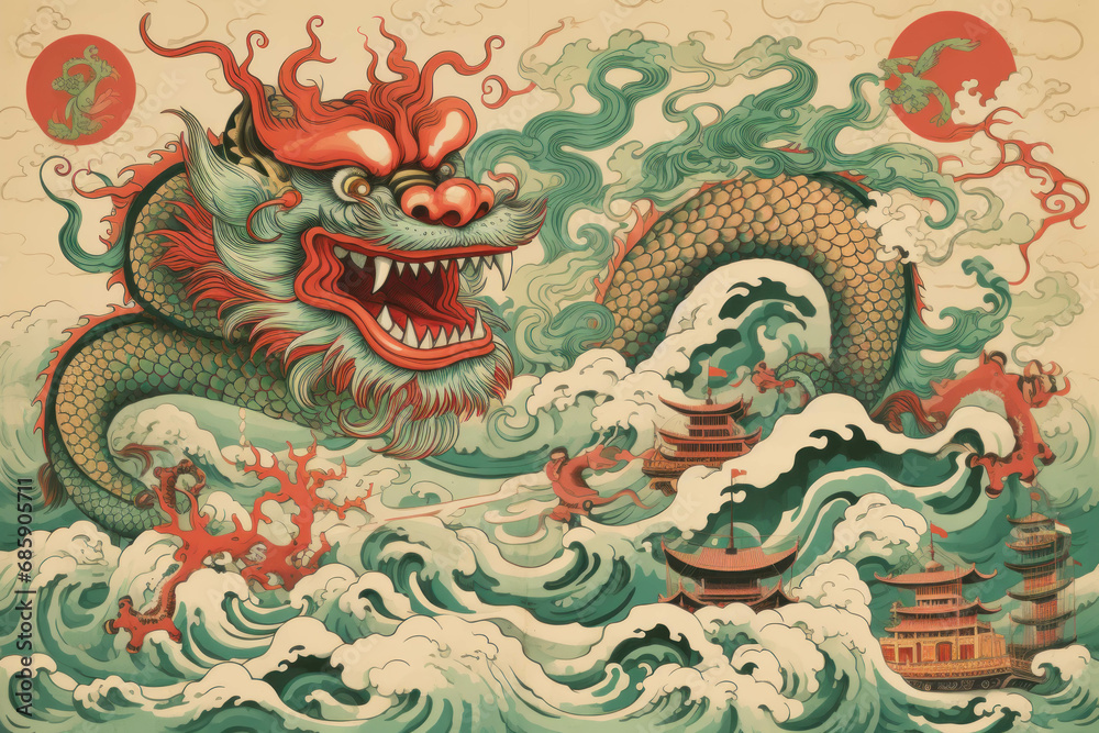 custom made wallpaper toronto digitalDrawing of a green-red Chinese dragon with an open mouth against the background of the blue sea