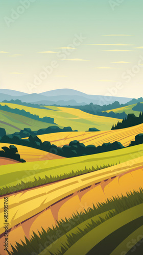 Digital painting Minimalist landscape, with clouds and mountains.