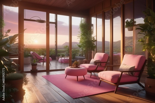 Pink Barbie style terrace with specious windows, comfortable chairs with pillows, epic view to sunset. AI generated
