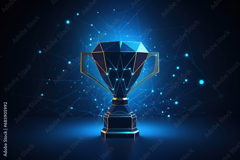 Trophy cup form lines and triangles, point connecting network on blue