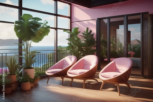 three round comfortable pink chairs in Barbie style terrace interior design on morning light. AI generated