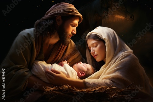 Celebrating the sacred moment: Christmas nativity scene, a timeless portrayal of divine joy, peace, and love, capturing the essence of the holiday spirit and the story of Jesus Christ's birth.